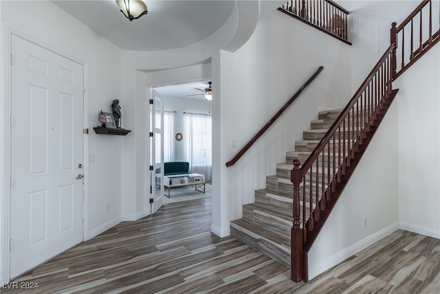 foyer entrance with ceiling fan and dark hardwood / wood-style flooring