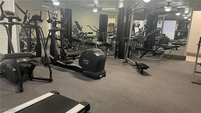 workout area featuring ceiling fan