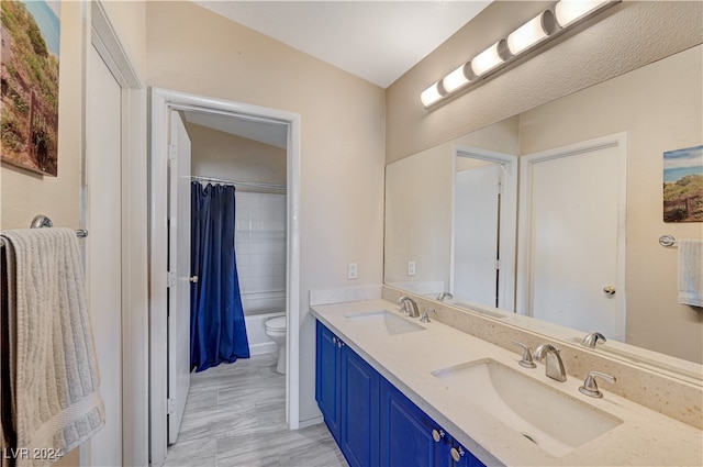 bathroom with vanity, vaulted ceiling, and toilet