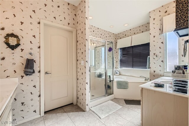 bathroom with vanity, separate shower and tub, and tile patterned flooring