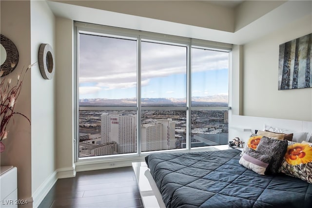 bedroom featuring a mountain view and dark hardwood / wood-style floors