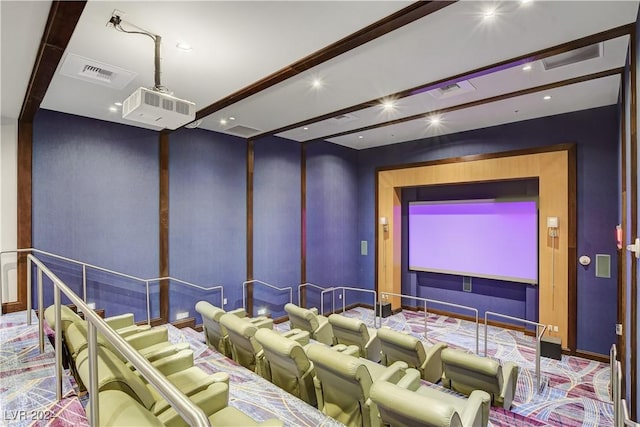 carpeted cinema with baseboards, recessed lighting, and visible vents