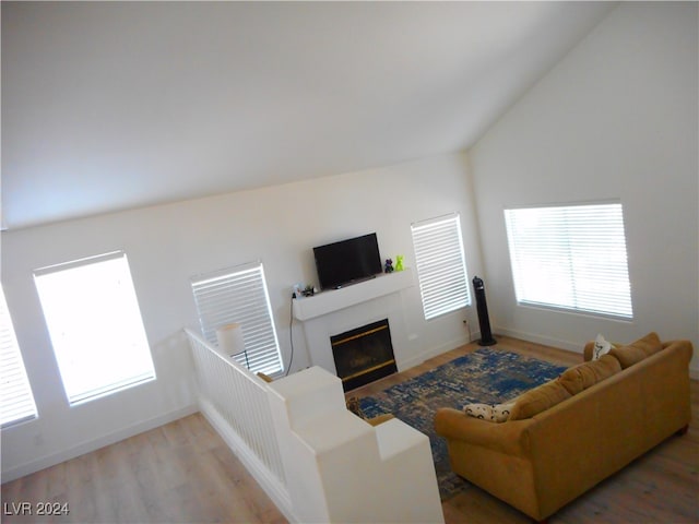 living room featuring hardwood / wood-style flooring and lofted ceiling