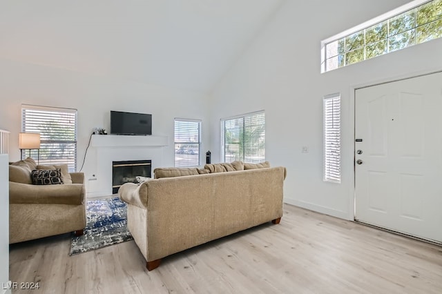 living room with light wood-type flooring and high vaulted ceiling