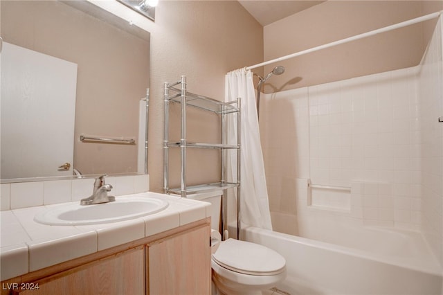 full bathroom featuring vanity, toilet, and shower / bathtub combination with curtain