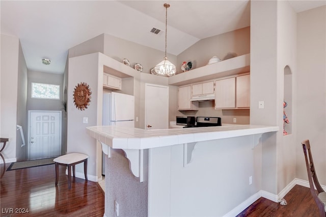 kitchen with kitchen peninsula, decorative light fixtures, stainless steel appliances, and dark hardwood / wood-style flooring