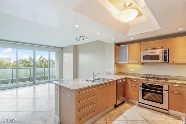 kitchen featuring kitchen peninsula, stainless steel appliances, light stone countertops, and sink