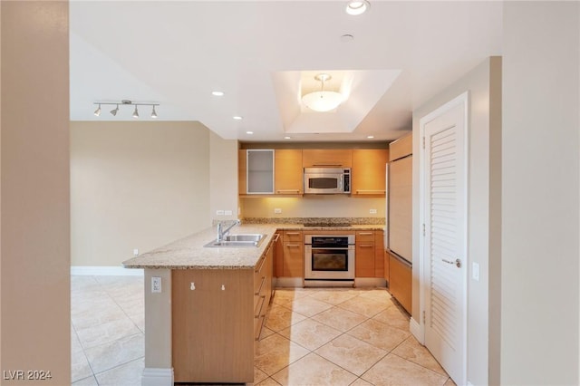 kitchen with sink, light stone countertops, appliances with stainless steel finishes, a tray ceiling, and kitchen peninsula