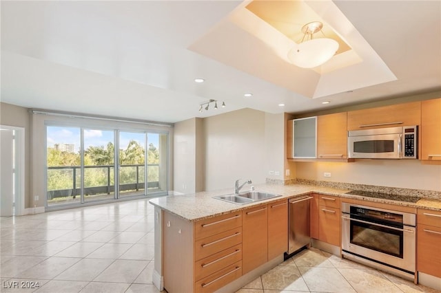 kitchen with light stone countertops, stainless steel appliances, kitchen peninsula, and sink