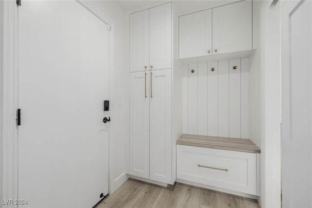 mudroom with light hardwood / wood-style flooring