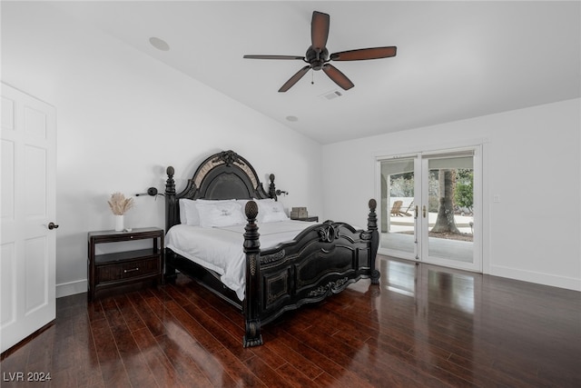 bedroom with ceiling fan, vaulted ceiling, dark hardwood / wood-style flooring, and access to exterior