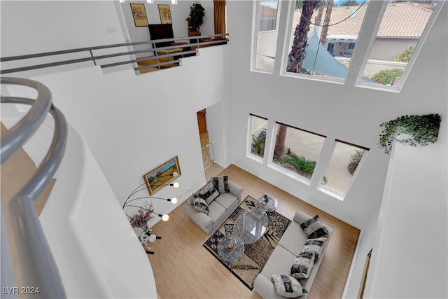 living room featuring a healthy amount of sunlight, wood-type flooring, and a high ceiling