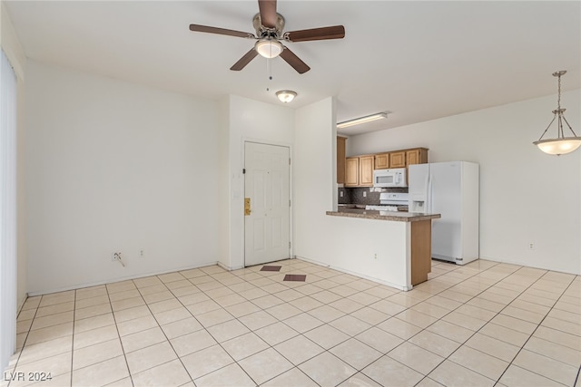 kitchen featuring kitchen peninsula, backsplash, decorative light fixtures, white appliances, and ceiling fan