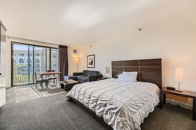 bedroom featuring access to exterior and carpet floors