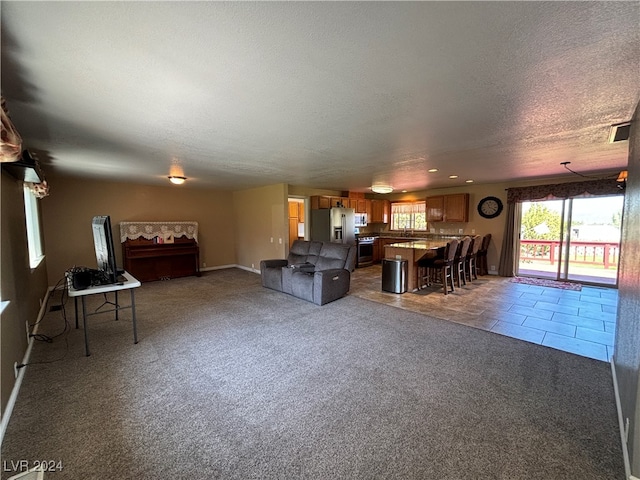 unfurnished living room with carpet and a textured ceiling