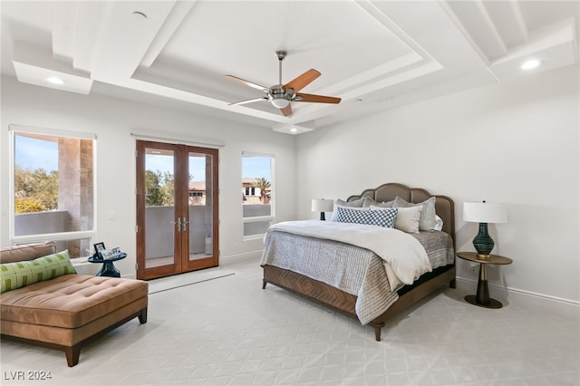31 Eagles Landing Ln, Las Vegas, NV 89141 - bedroom featuring french doors, access to exterior, a raised ceiling, recessed lighting, and light carpet