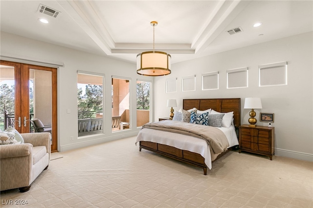 carpeted bedroom featuring access to outside and french doors