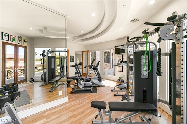 exercise room featuring light hardwood / wood-style floors, french doors, and a tray ceiling