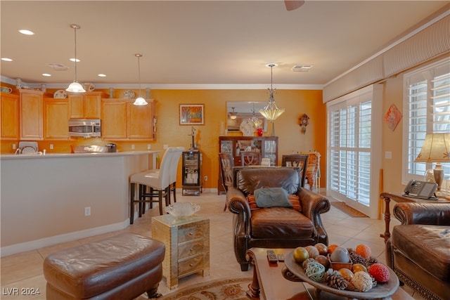 tiled living room with ornamental molding