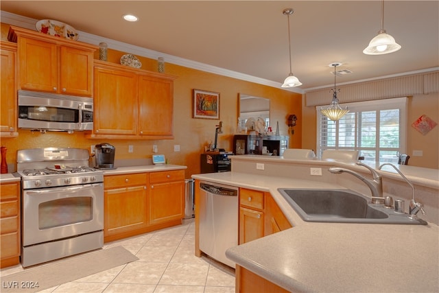 kitchen with stainless steel appliances, sink, crown molding, decorative light fixtures, and light tile patterned floors