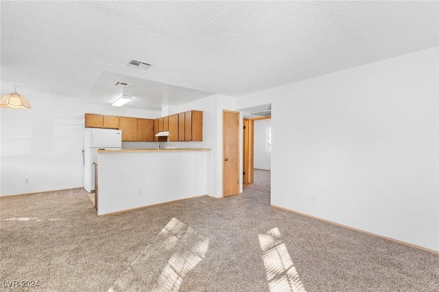 unfurnished living room with light carpet, visible vents, and a textured ceiling