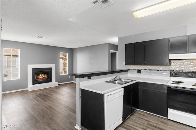 kitchen featuring white dishwasher, under cabinet range hood, a peninsula, electric range, and a sink