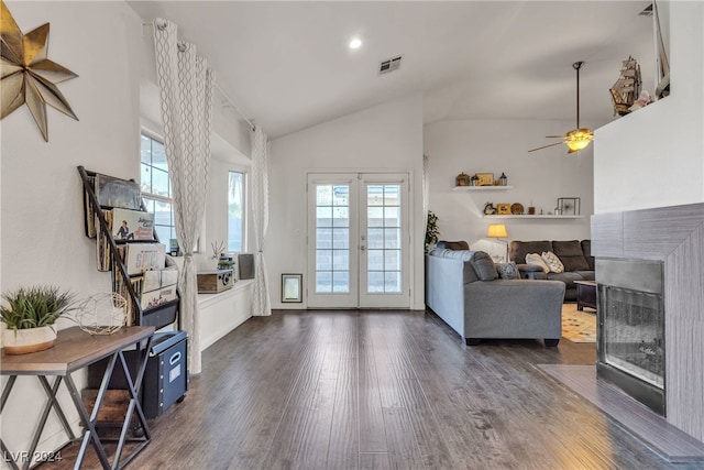 living room with french doors, dark hardwood / wood-style floors, ceiling fan, and a healthy amount of sunlight