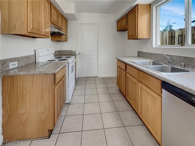 kitchen featuring dishwasher, light tile patterned flooring, electric stove, and sink