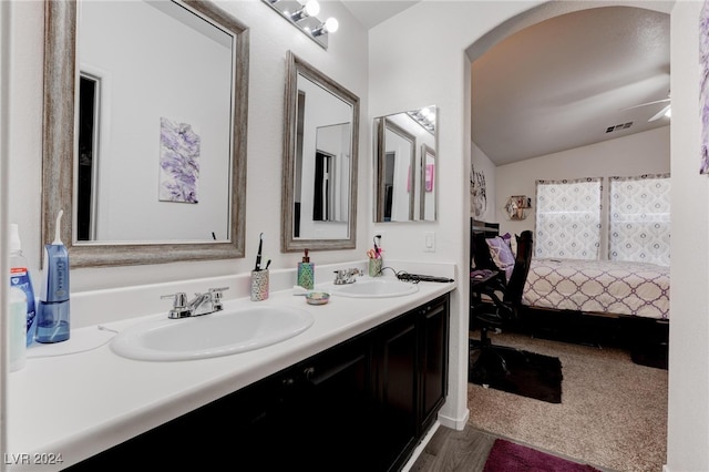 bathroom with vanity, lofted ceiling, and ceiling fan