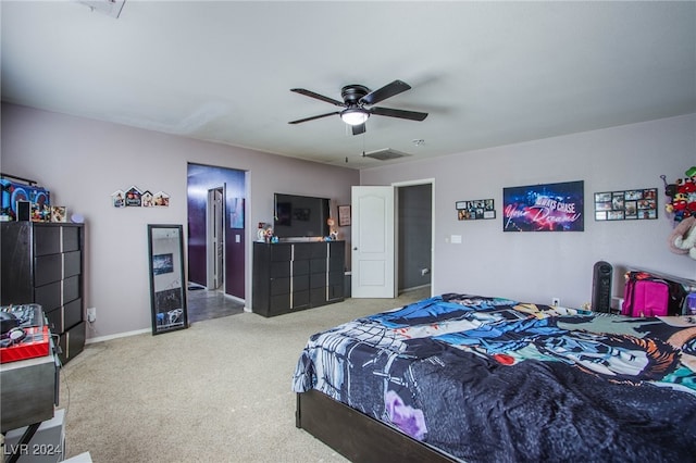 carpeted bedroom featuring ceiling fan