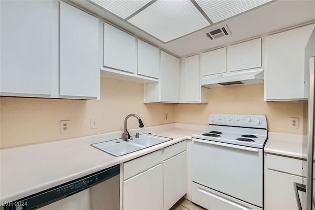 kitchen with stainless steel dishwasher, white cabinets, sink, and white range with electric cooktop