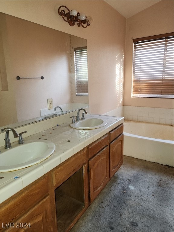 bathroom featuring vanity, plenty of natural light, and a washtub