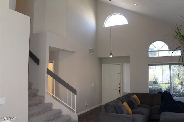 living room featuring high vaulted ceiling, dark wood-type flooring, and a wealth of natural light