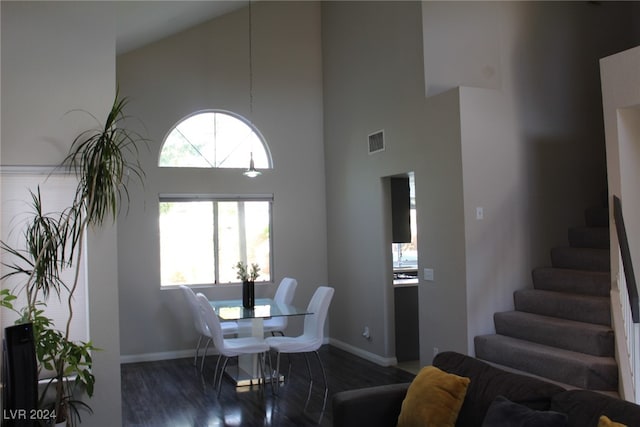 dining room with a healthy amount of sunlight, a high ceiling, and dark hardwood / wood-style flooring