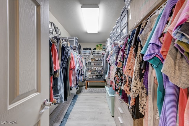 walk in closet with light hardwood / wood-style flooring