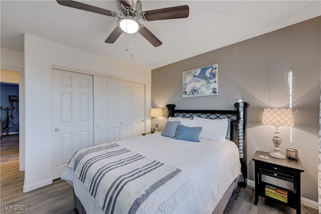 bedroom featuring ceiling fan, a closet, and dark wood-type flooring