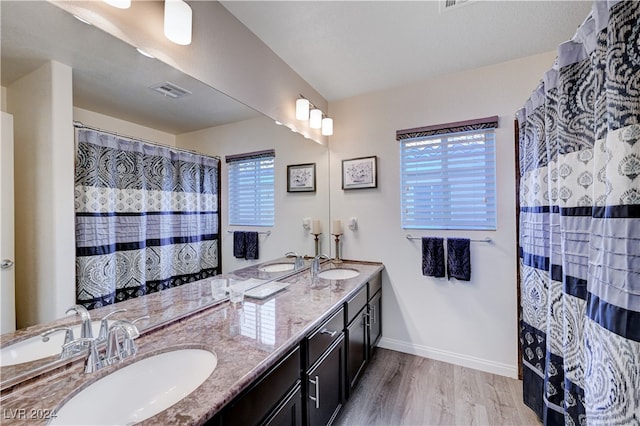 bathroom featuring hardwood / wood-style flooring, vanity, a healthy amount of sunlight, and a shower with shower curtain