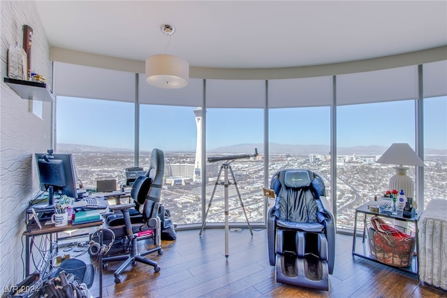 office space with expansive windows, a mountain view, and hardwood / wood-style flooring