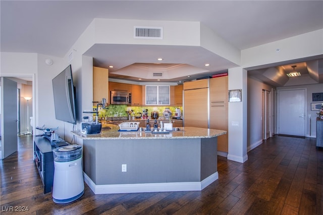 kitchen with kitchen peninsula, backsplash, light stone countertops, dark wood-type flooring, and stainless steel appliances