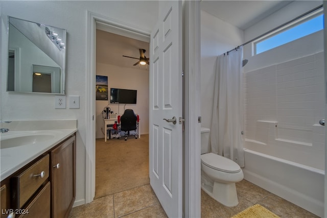 full bathroom with vanity, toilet, tile patterned floors, and shower / bathtub combination with curtain