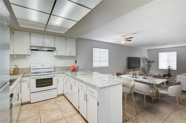 kitchen featuring kitchen peninsula, white cabinetry, ceiling fan, and white electric range oven