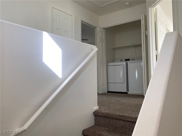 staircase featuring carpet flooring and separate washer and dryer