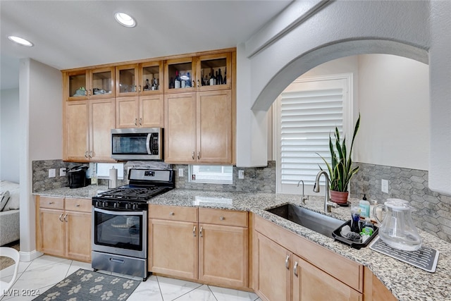 kitchen featuring decorative backsplash, stainless steel appliances, light stone countertops, and sink