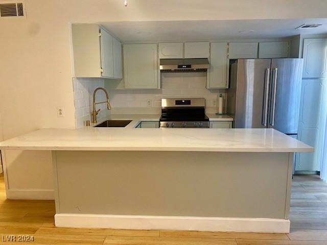 kitchen with kitchen peninsula, tasteful backsplash, appliances with stainless steel finishes, light hardwood / wood-style floors, and sink