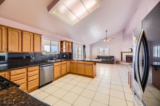 kitchen featuring plenty of natural light, lofted ceiling, sink, and appliances with stainless steel finishes