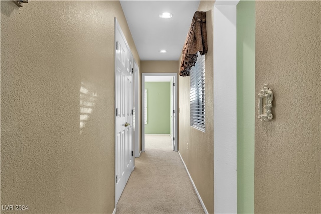 hallway featuring light colored carpet