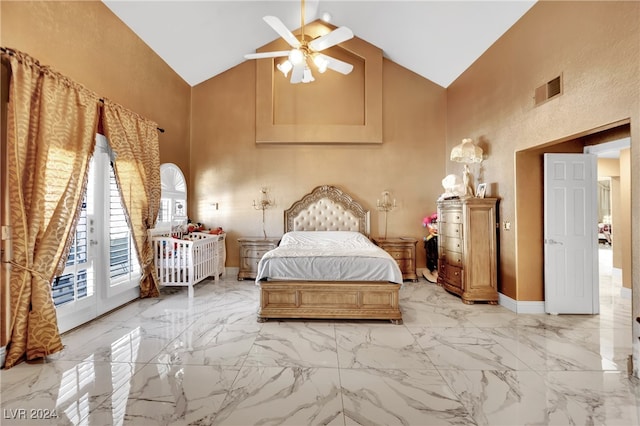 bedroom with access to outside, high vaulted ceiling, and ceiling fan