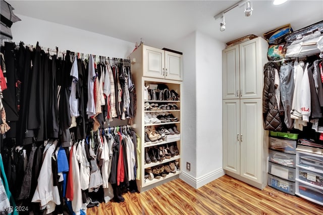 walk in closet with light hardwood / wood-style flooring