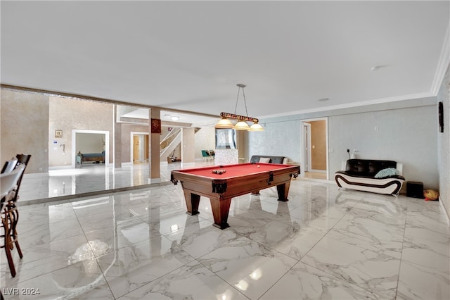 game room with crown molding and billiards