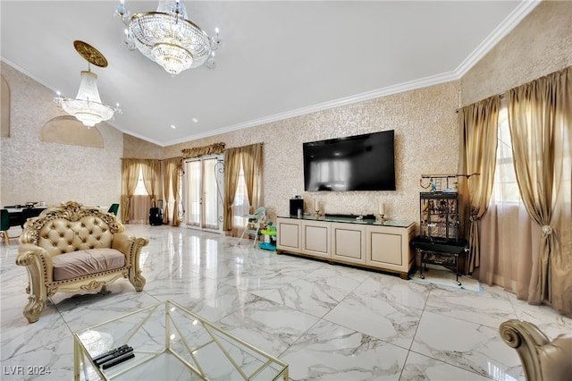 living room featuring crown molding, lofted ceiling, and an inviting chandelier